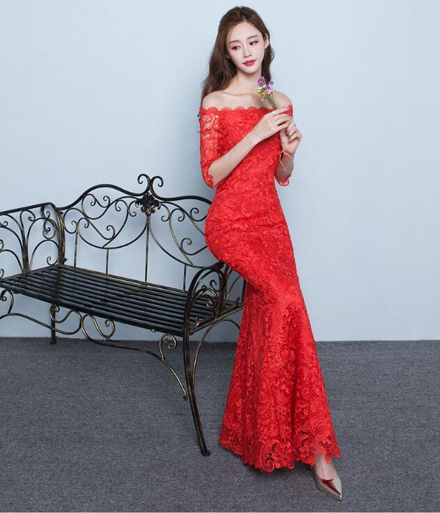 夏季性感魚尾長款紅色結婚中式禮服