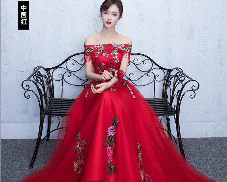 新娘敬酒服，一字肩中式結婚禮服(（二）