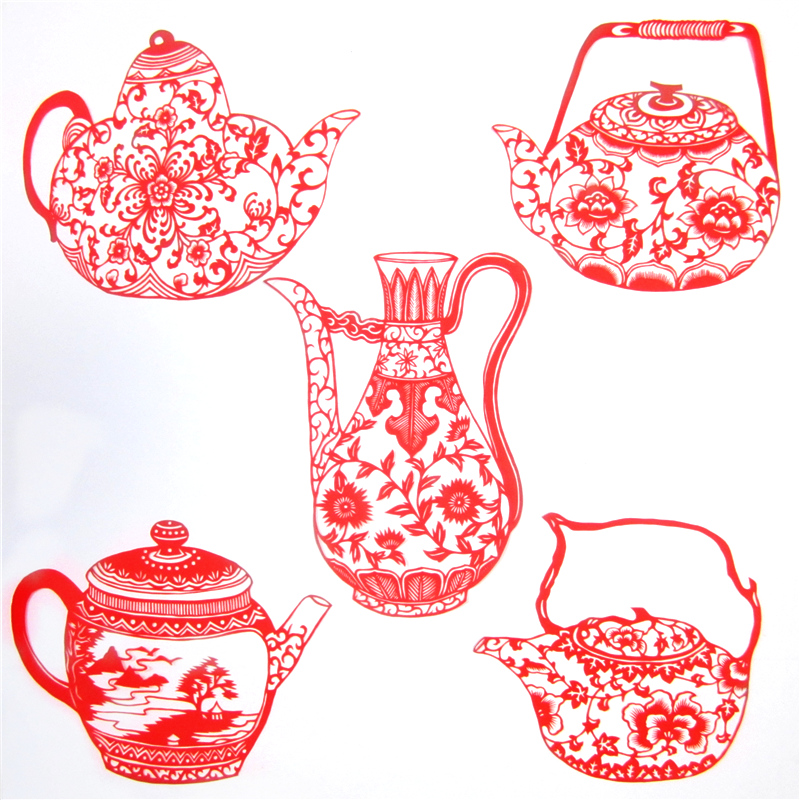 11款精美手工紅花瓷剪紙，茶壺剪紙工藝品