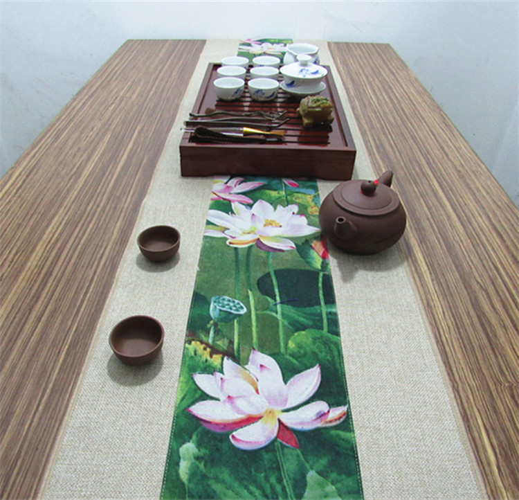 中國風復古棉麻布藝禪意荷花桌旗茶巾