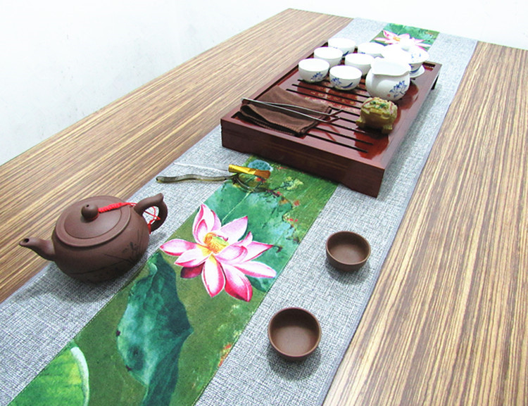 中國風復古棉麻布藝禪意荷花桌旗茶巾