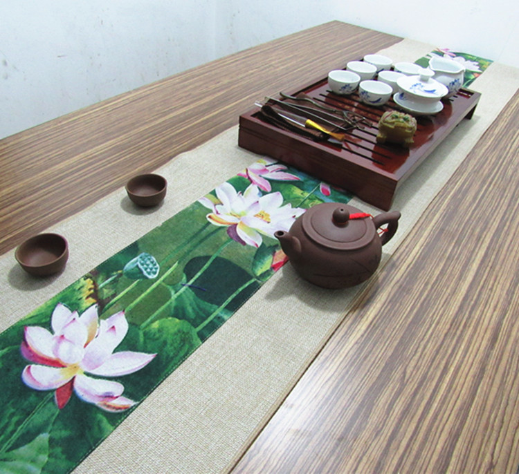 中國風復古棉麻布藝禪意荷花桌旗茶巾