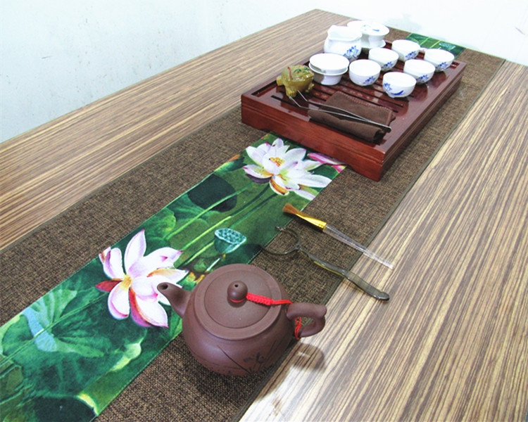 中國風復古棉麻布藝禪意荷花桌旗茶巾