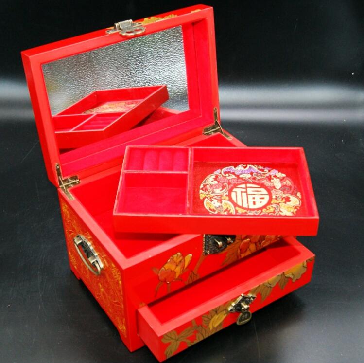 三層木質結婚禮品首飾盒漆器