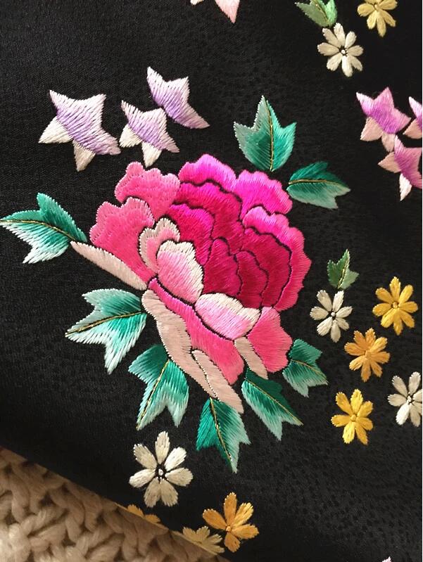 傳統黑色真絲手工刺繡提花布