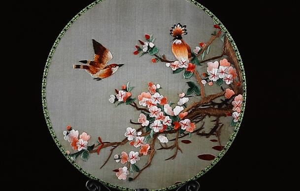 雙面真絲手工刺繡團扇，古典黑檀木宮扇子