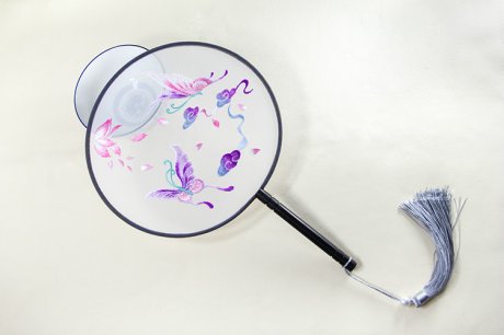 淡雅蝶舞刺繡團扇，淡紫復古繡花工藝扇子