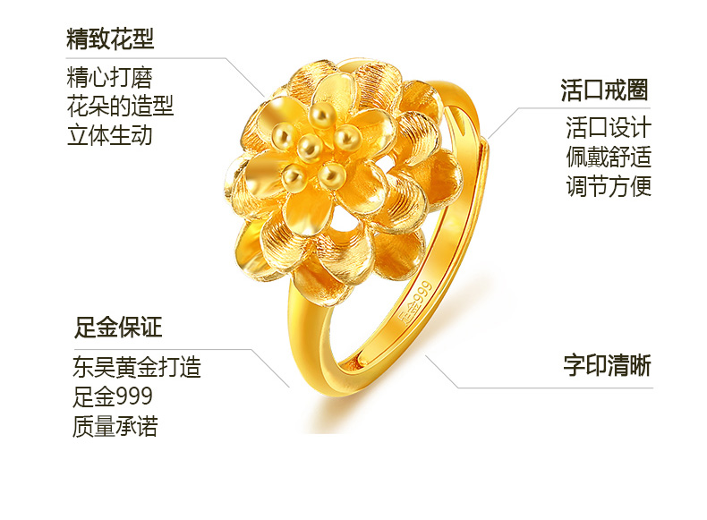 黃金戒指女款開口指環牡丹花