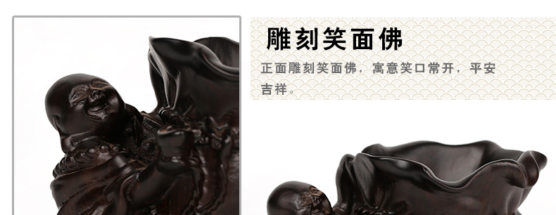 實木雕刻黑檀木質紅木筆筒佛抱福袋小笑佛筆筒