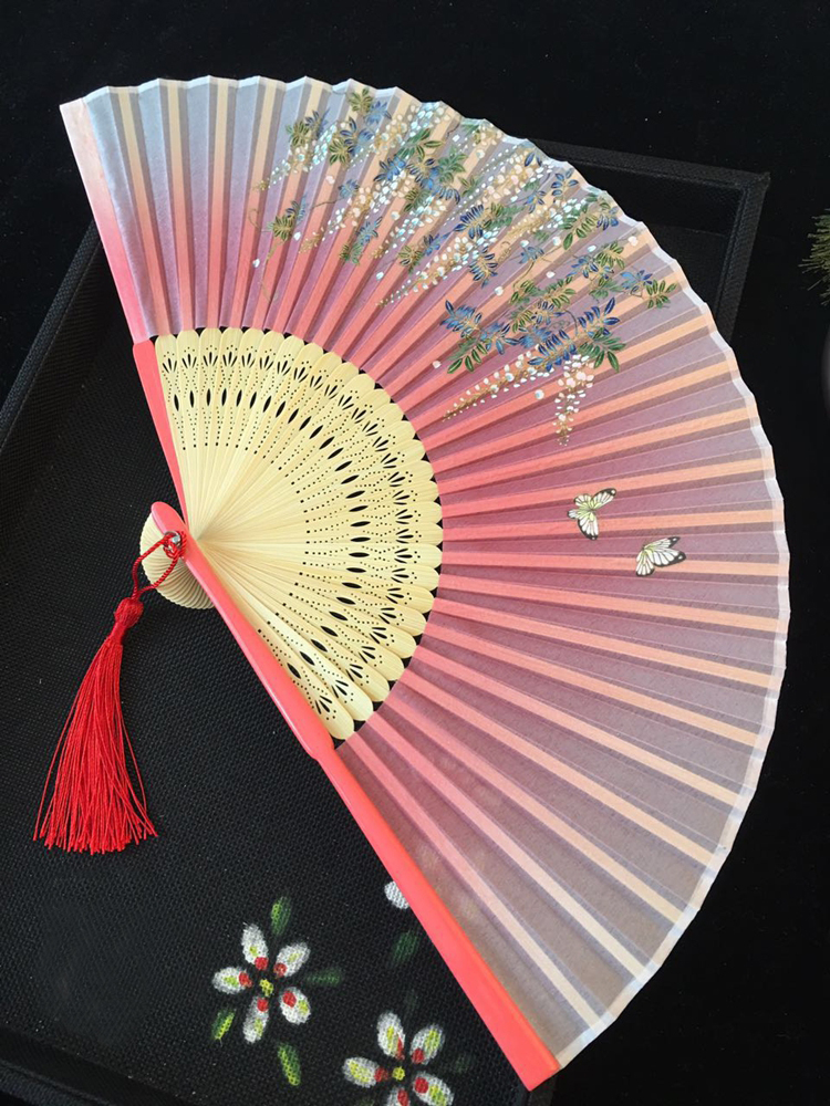 古典中國風烤漆邊真絲櫻花竹折扇