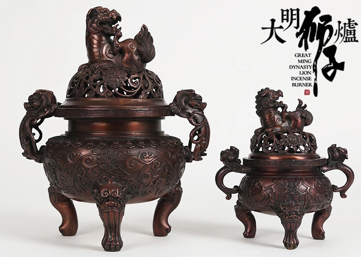 大明獅子紫銅香爐，仿古宣德熏香爐
