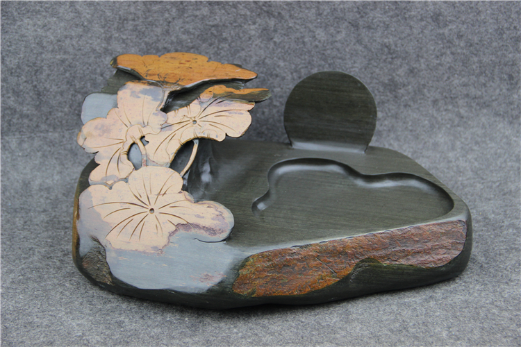 金暈魚子荷葉雕花歙硯，老坑硯臺龍尾硯