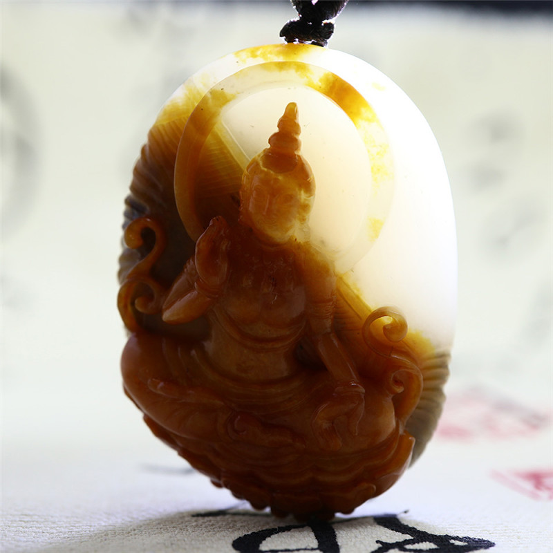 文殊菩薩三色料和田玉掛件，雙面雕刻吊墜