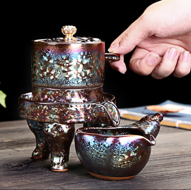鎏金半自動茶具，中式石磨功夫茶具