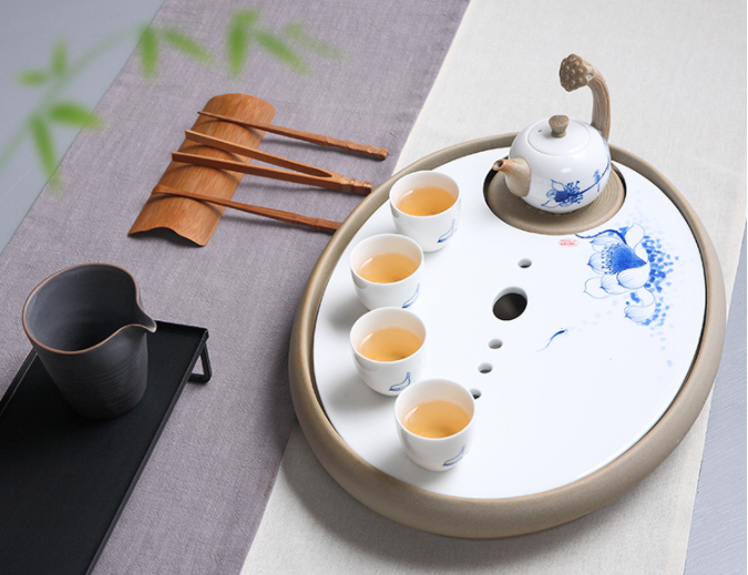 一盞清禪青瓷茶盤(pán)，陶瓷手繪荷花茶具
