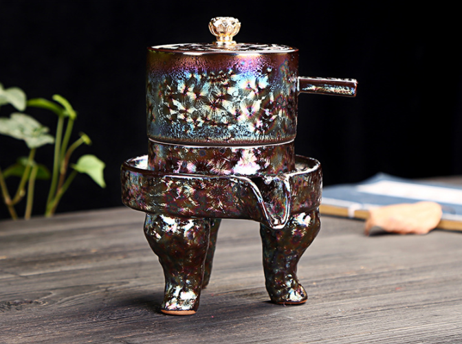 鎏金半自動茶具，中式石磨功夫茶具