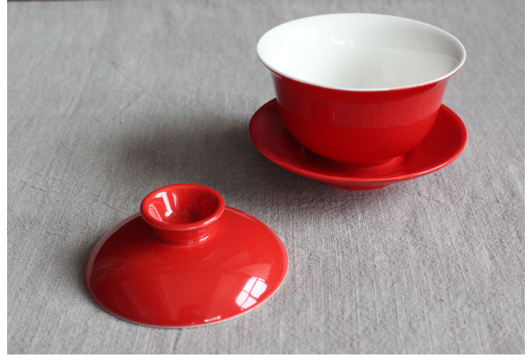 簡約富貴紅蓋碗，中國風(fēng)喜慶紅釉陶瓷茶具