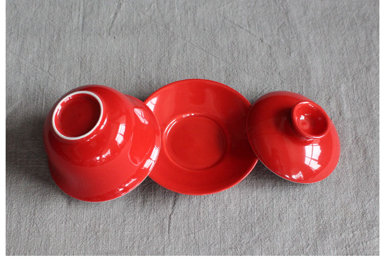 簡約富貴紅蓋碗，中國風(fēng)喜慶紅釉陶瓷茶具