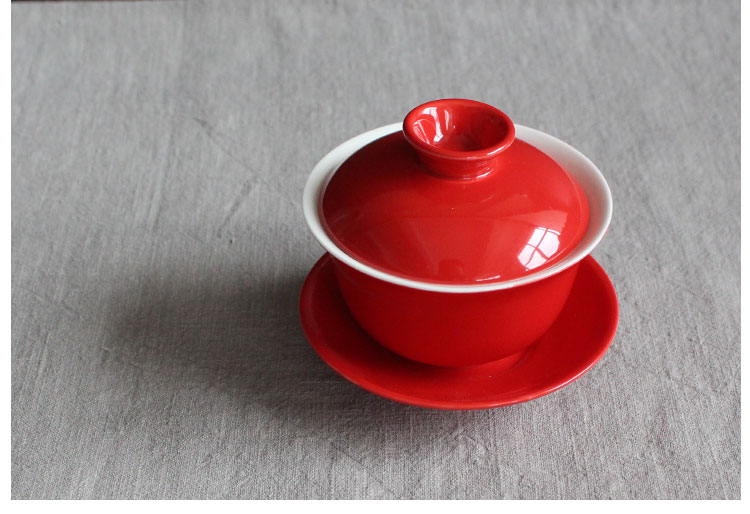 簡約富貴紅蓋碗，中國風(fēng)喜慶紅釉陶瓷茶具