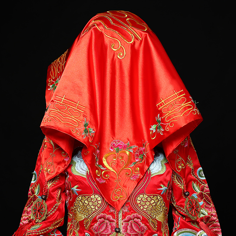 五款精美的新娘結婚紅蓋頭，中式刺繡喜帕蓋頭