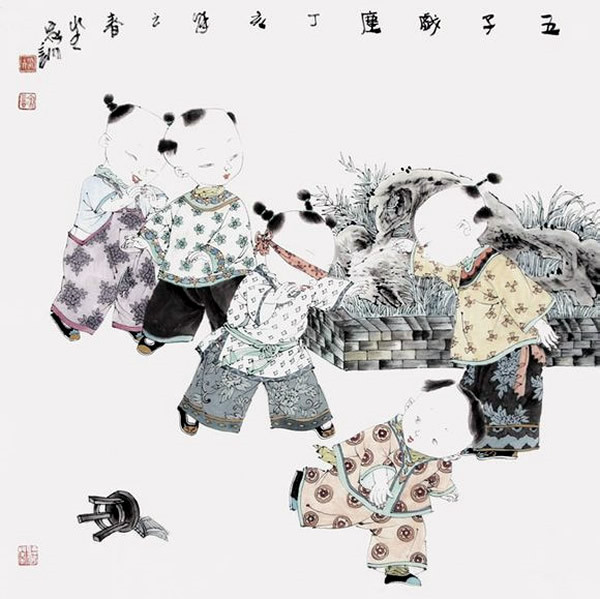 著名中國畫家王家訓的筒子嬉戲圖