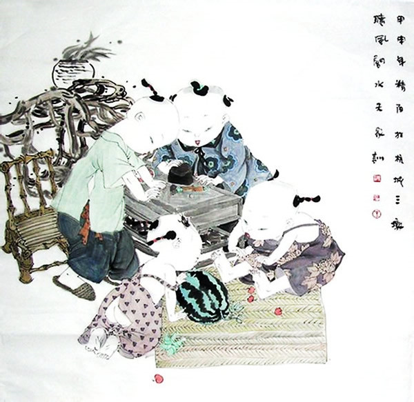 著名中國畫家王家訓的筒子嬉戲圖