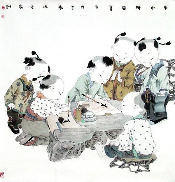 著名中國畫家王家訓的筒子嬉戲圖