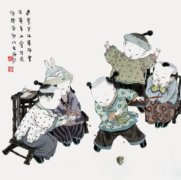 著名中國畫家王家訓的筒子嬉戲圖