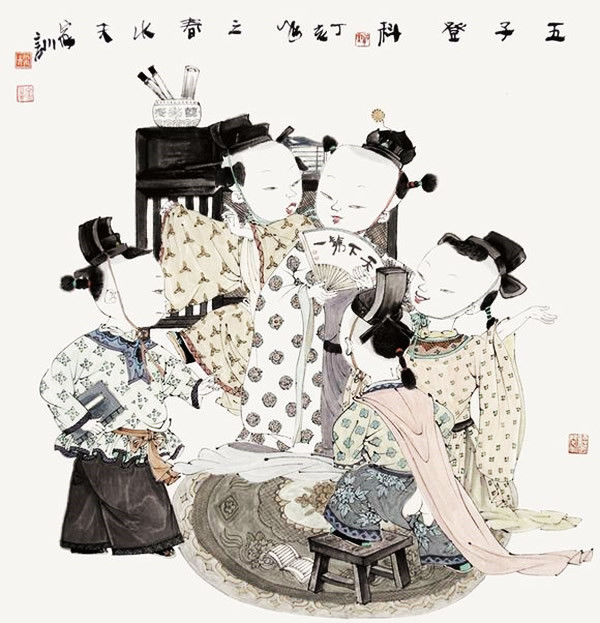 著名中國畫家王家訓的筒子嬉戲圖