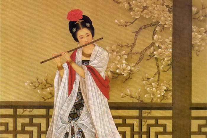 中國演奏傳統樂器笛子與簫的國畫作品