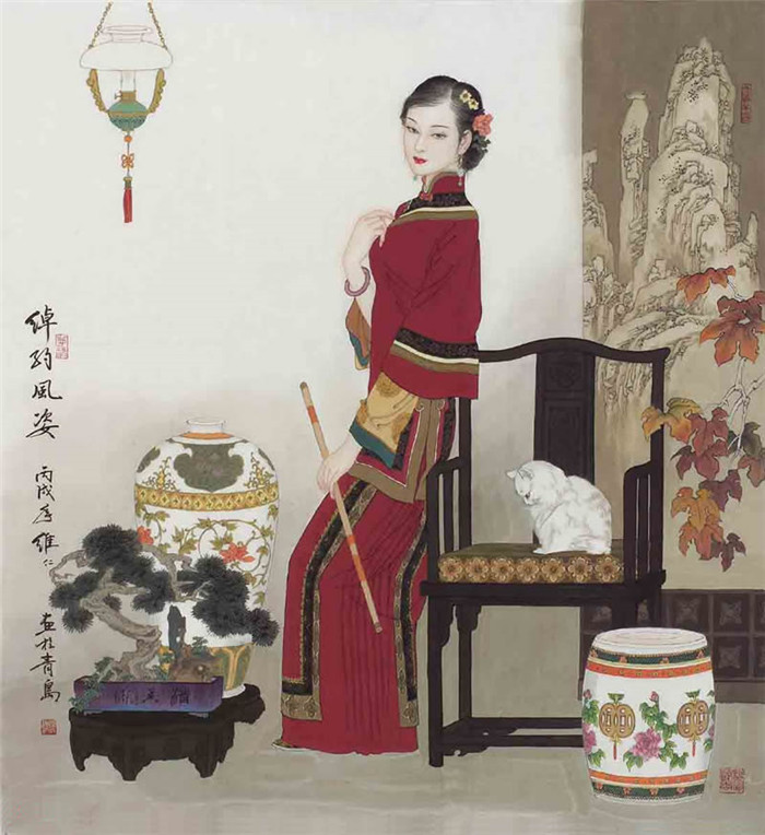 中國演奏傳統樂器笛子與簫的國畫作品