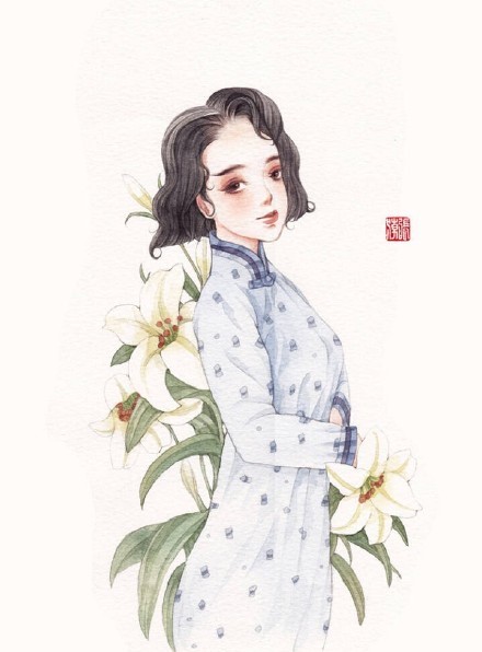 清新水彩旗袍女子插畫，唯美的古風插畫圖集