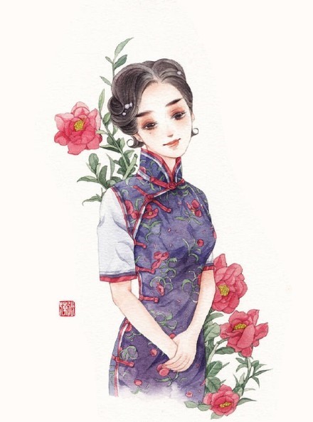 清新水彩旗袍女子插畫，唯美的古風插畫圖集