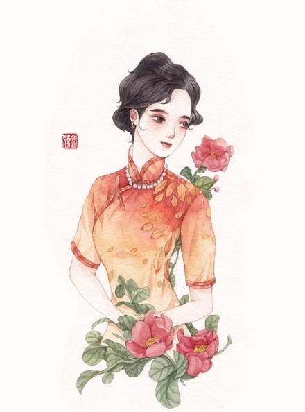 清新水彩旗袍女子插畫，唯美的古風插畫圖集