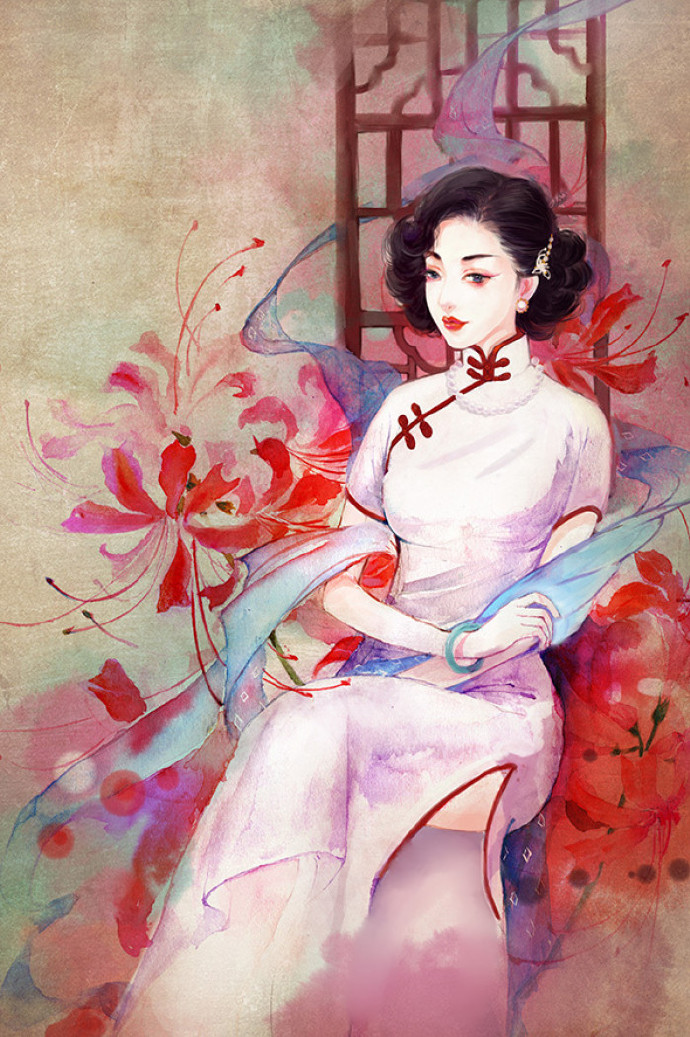 水彩旗袍女子圖集，超美插畫古風圖片
