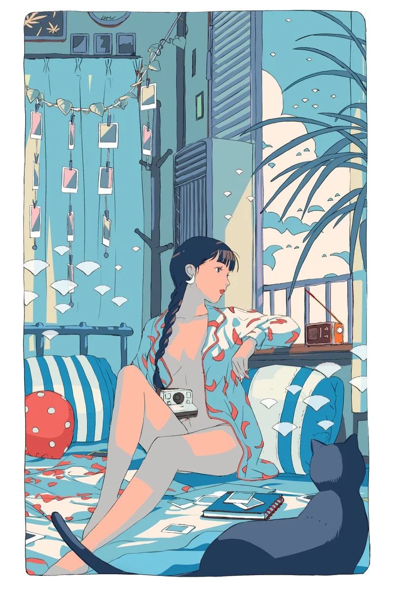一組手繪少女風格插畫，清新色彩插畫圖片