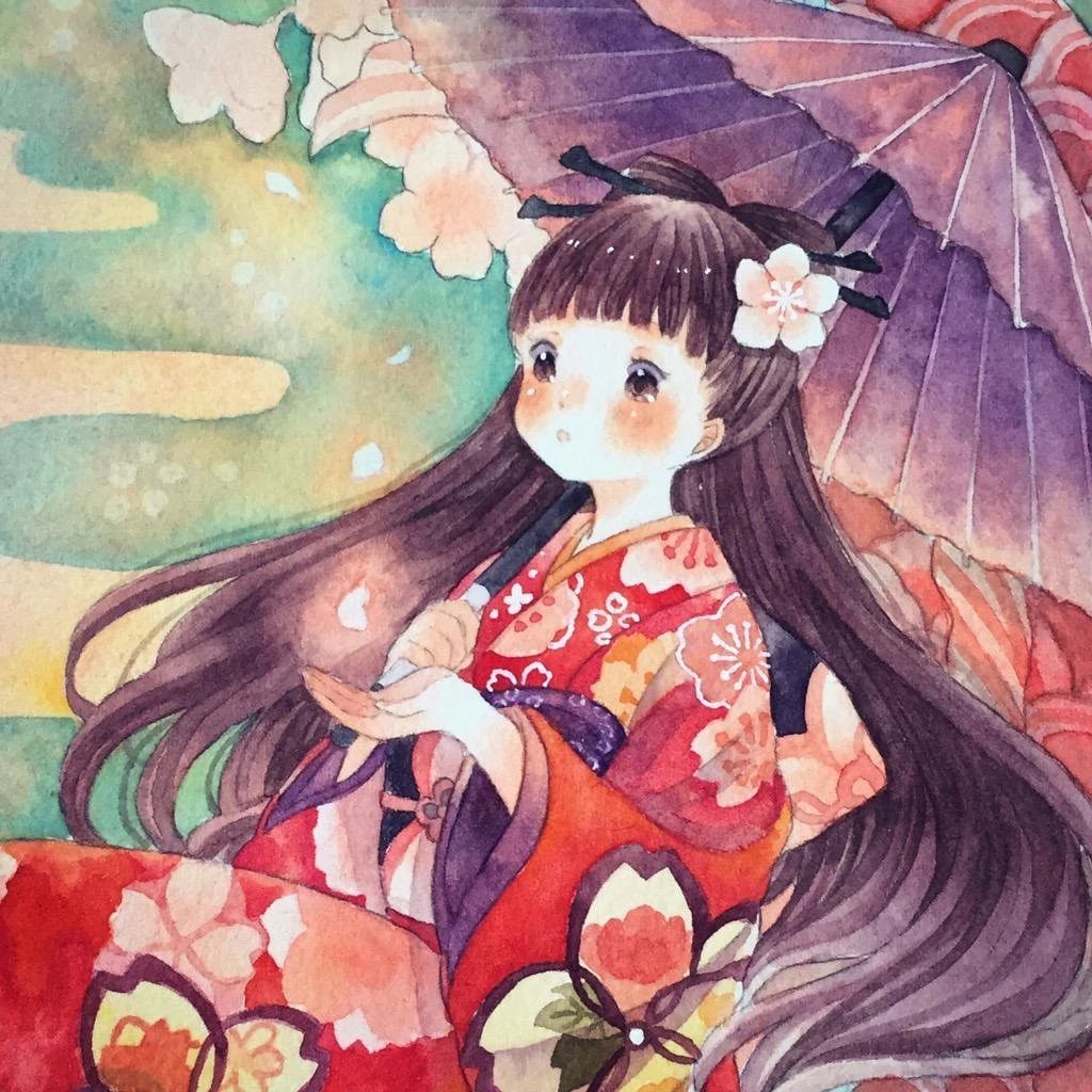一組少女風的日系水彩插畫：清新唯美萌妹紙
