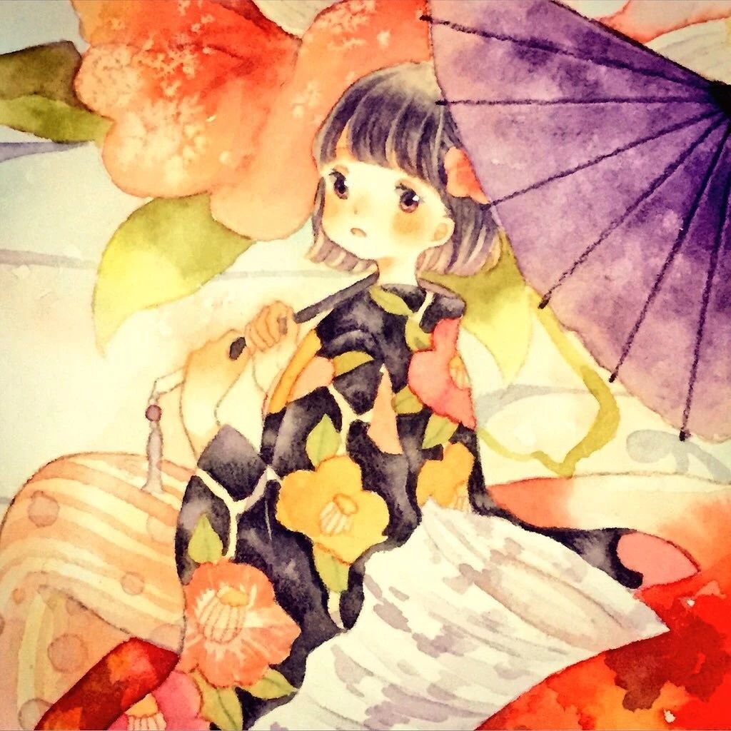 一組少女風的日系水彩插畫：清新唯美萌妹紙