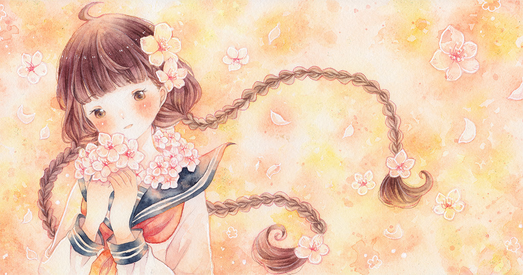 一組少女風的日系水彩插畫：清新唯美萌妹紙