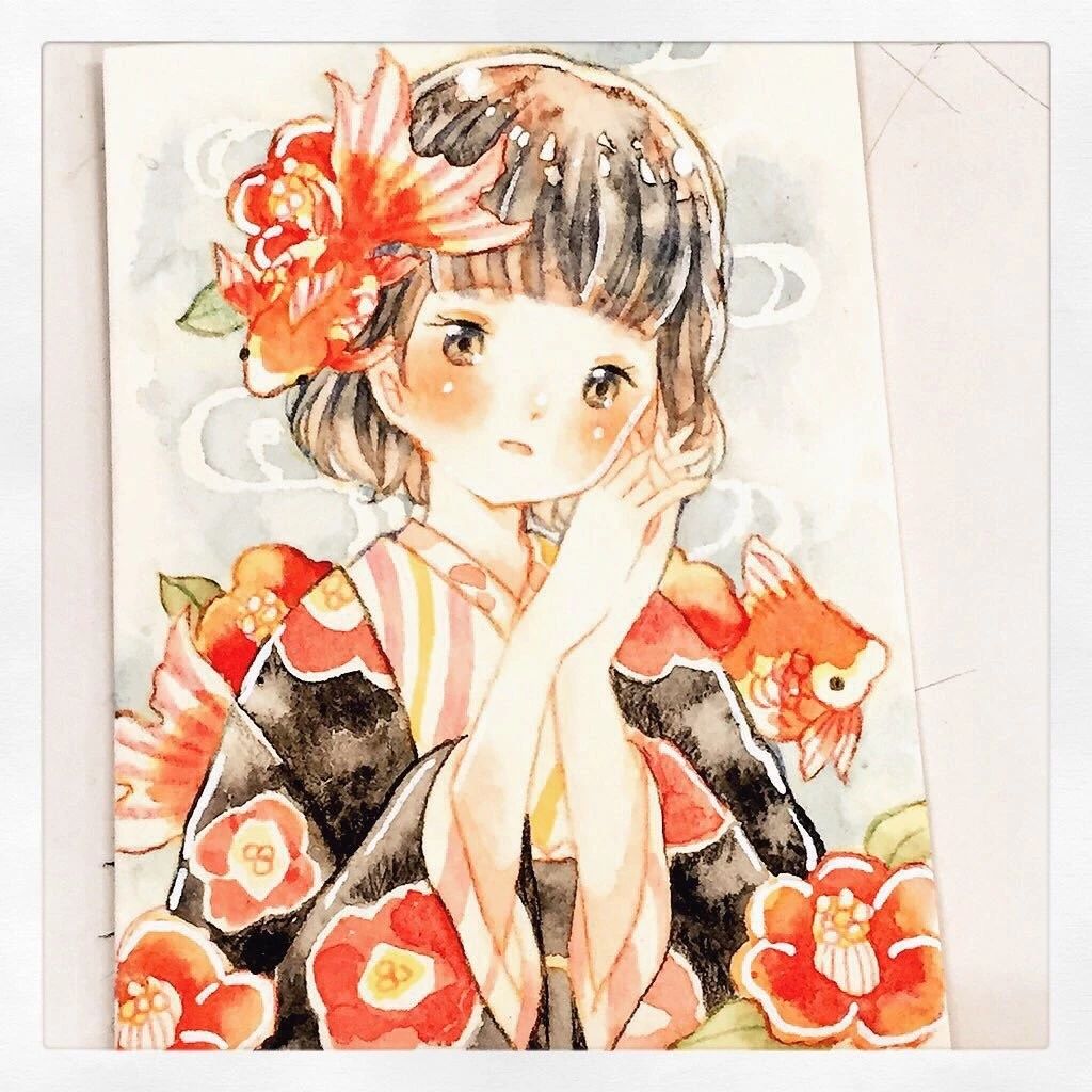一組少女風的日系水彩插畫：清新唯美萌妹紙