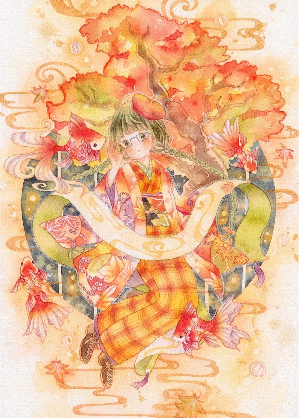 一組少女風的日系水彩插畫：清新唯美萌妹紙