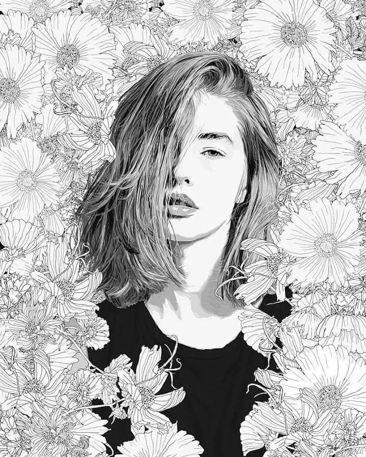 美人與花插畫：用線條淋漓盡致展現(xiàn)女性魅力！