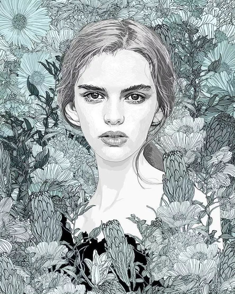 美人與花插畫：用線條淋漓盡致展現女性魅力！