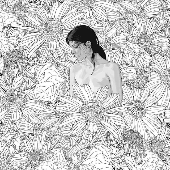 美人與花插畫：用線條淋漓盡致展現女性魅力！