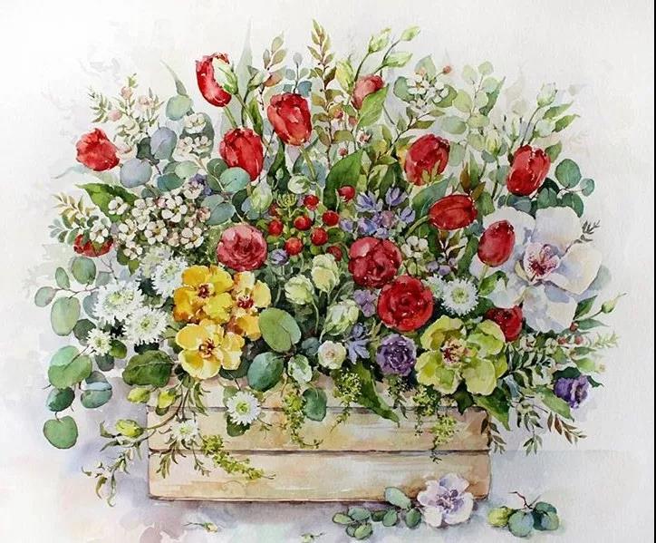 花團錦簇時尚水彩插畫，唯美花卉插畫圖片