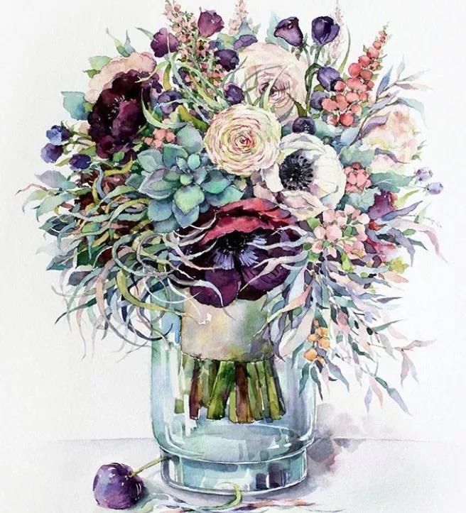 花團錦簇時尚水彩插畫，唯美花卉插畫圖片