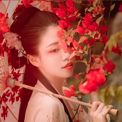 花間佳人帶傘女生頭像，唯美古風真人頭像