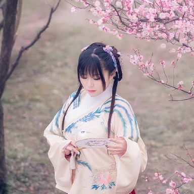 漫天桃花帶折扇女生頭像，唯美古風真人頭像