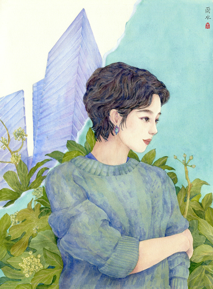 24節氣水彩手繪插畫，清新淡雅唯美女子插畫