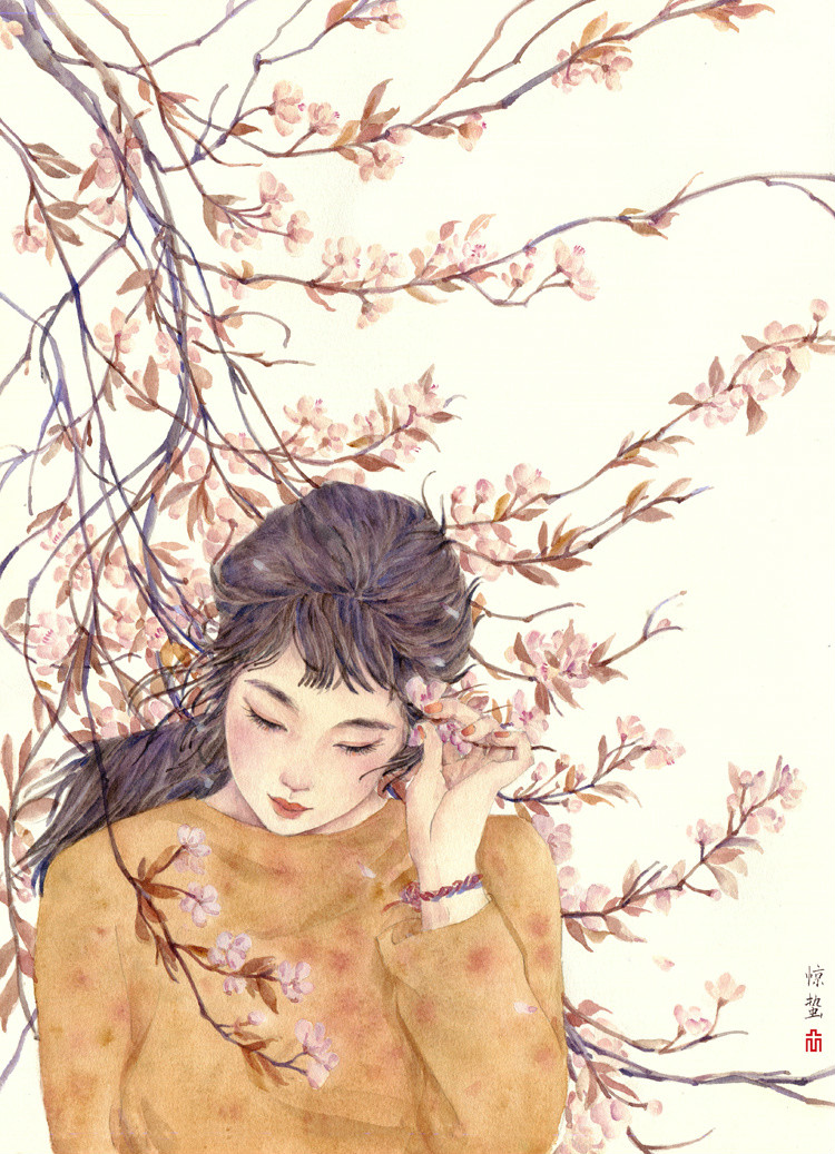 24節氣水彩手繪插畫，清新淡雅唯美女子插畫